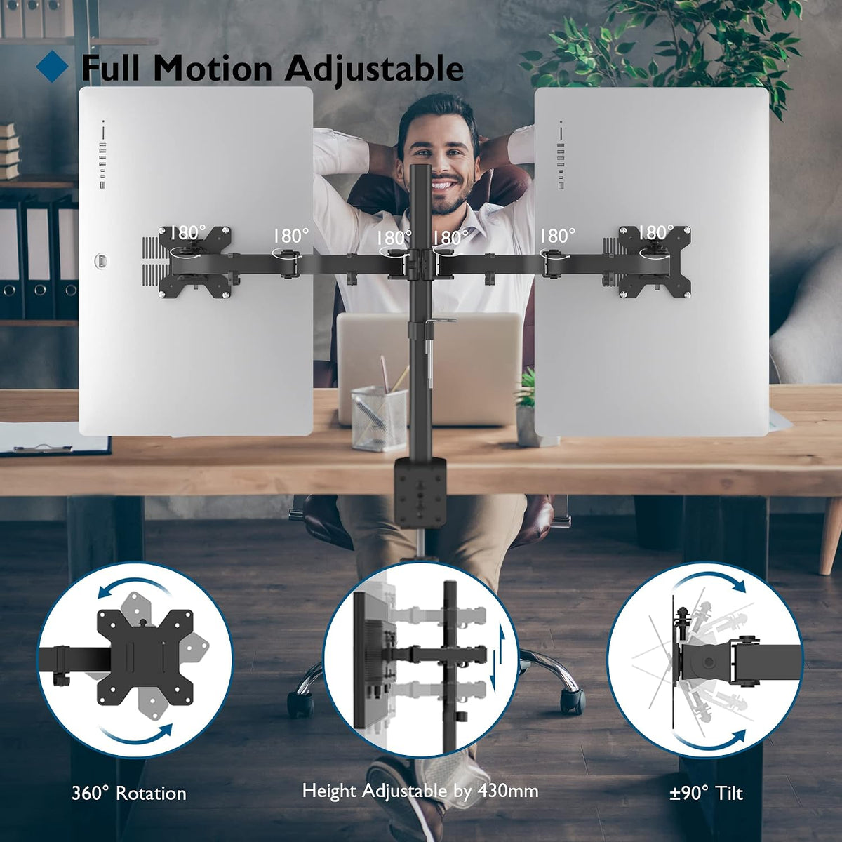 VEN-BONTEC Dual Monitor Arm Desk Mount for 13–27 Inch Computer Screens, VESA 75x75/100x100, Full Motion Adjustable Monitor Arm with 360° Rotation, Height Adjustable up to 430mm, Max 10kg per Arm, Black
