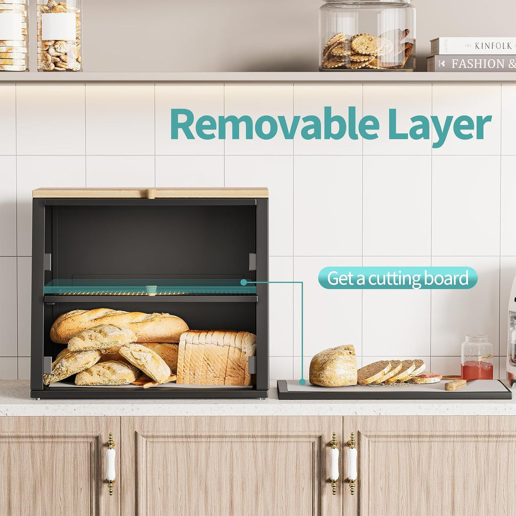Urackify Two-Layer Large Bread Box, Bread Bins for Kitchen, Black Bread Bin with Stiped Window Door Pancel, Bread Storage with Wood Handle, kitchen Bin Storage with Removable Layer, Black