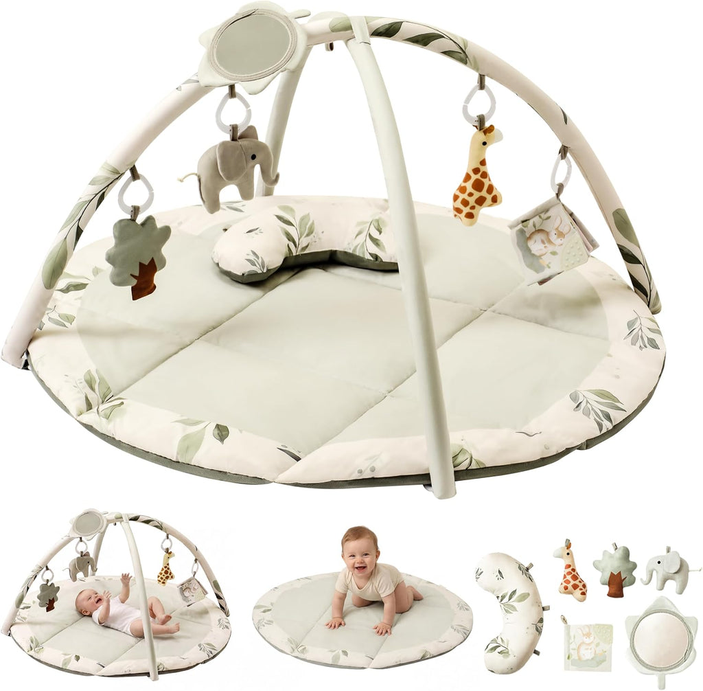 Fortella Baby Play Gym, Activity Playmat for Floor, 5 Detachable Toys, Sage