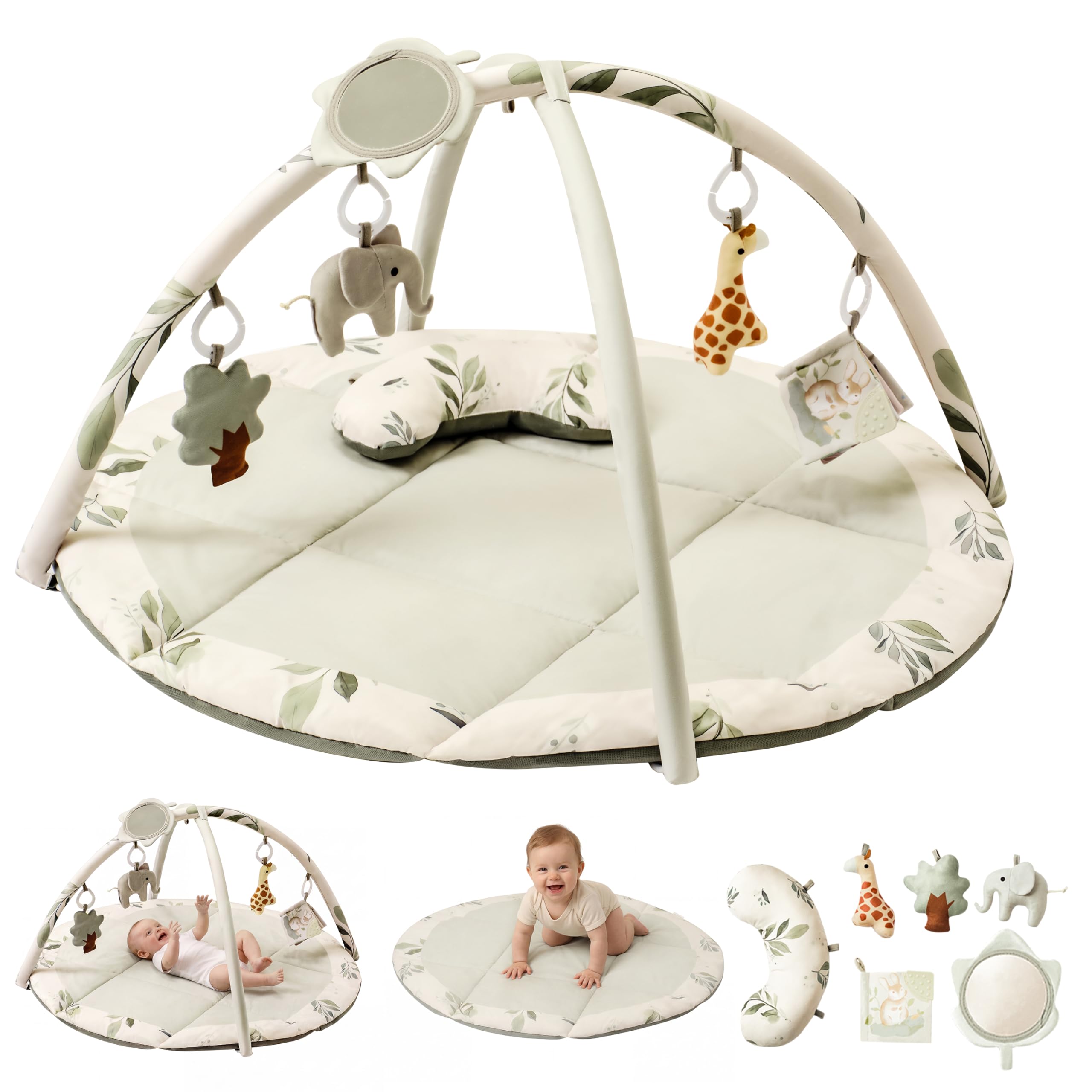 Fortella Baby Play Gym, Activity Playmat for Floor, 5 Detachable Toys, Sage