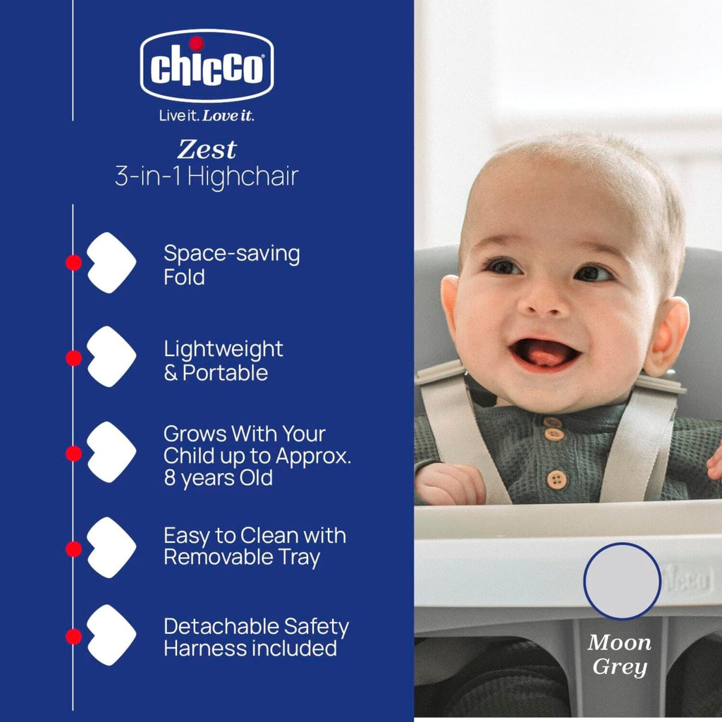Chicco Zest 3-in-1 Folding Highchair, Toddler Chair & Stool, Moon Grey