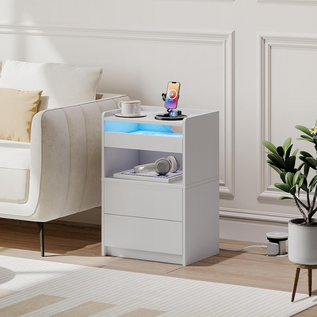 HOOBRO Bedside Table with Charging Station, End Table with 20-Color LED Lights, Nightstand with 1 AC Outlet, 2 USB Ports, 3 Drawers for Bedroom, Living Room, Study, Home Office, White EWT328KDBZ01G1