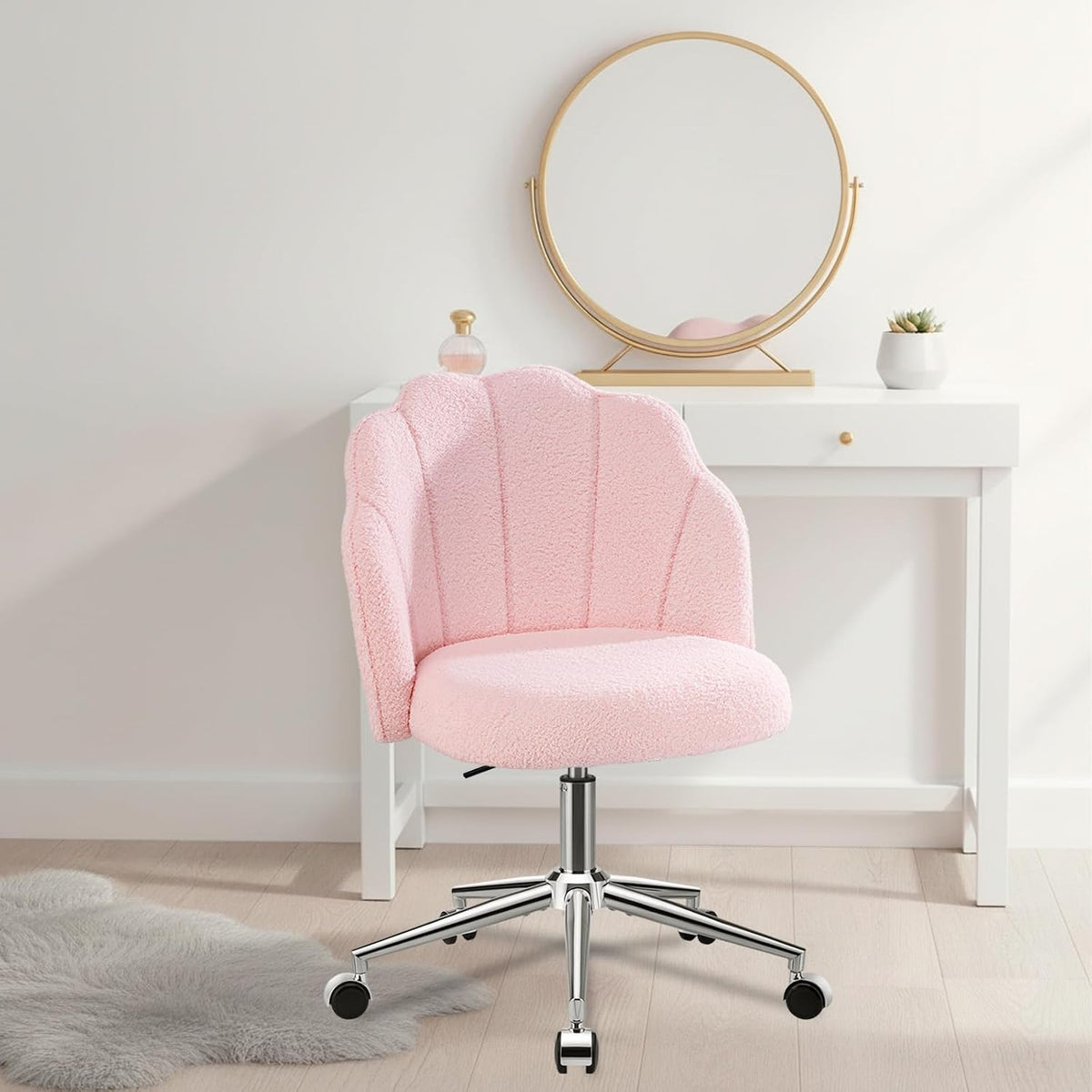 Vanity Chair for Dressing Table with Wheels, Boucle Chair for Bedroom, Swivel Armchair for Home, Height Adjustable&Easy Assembly, Pink