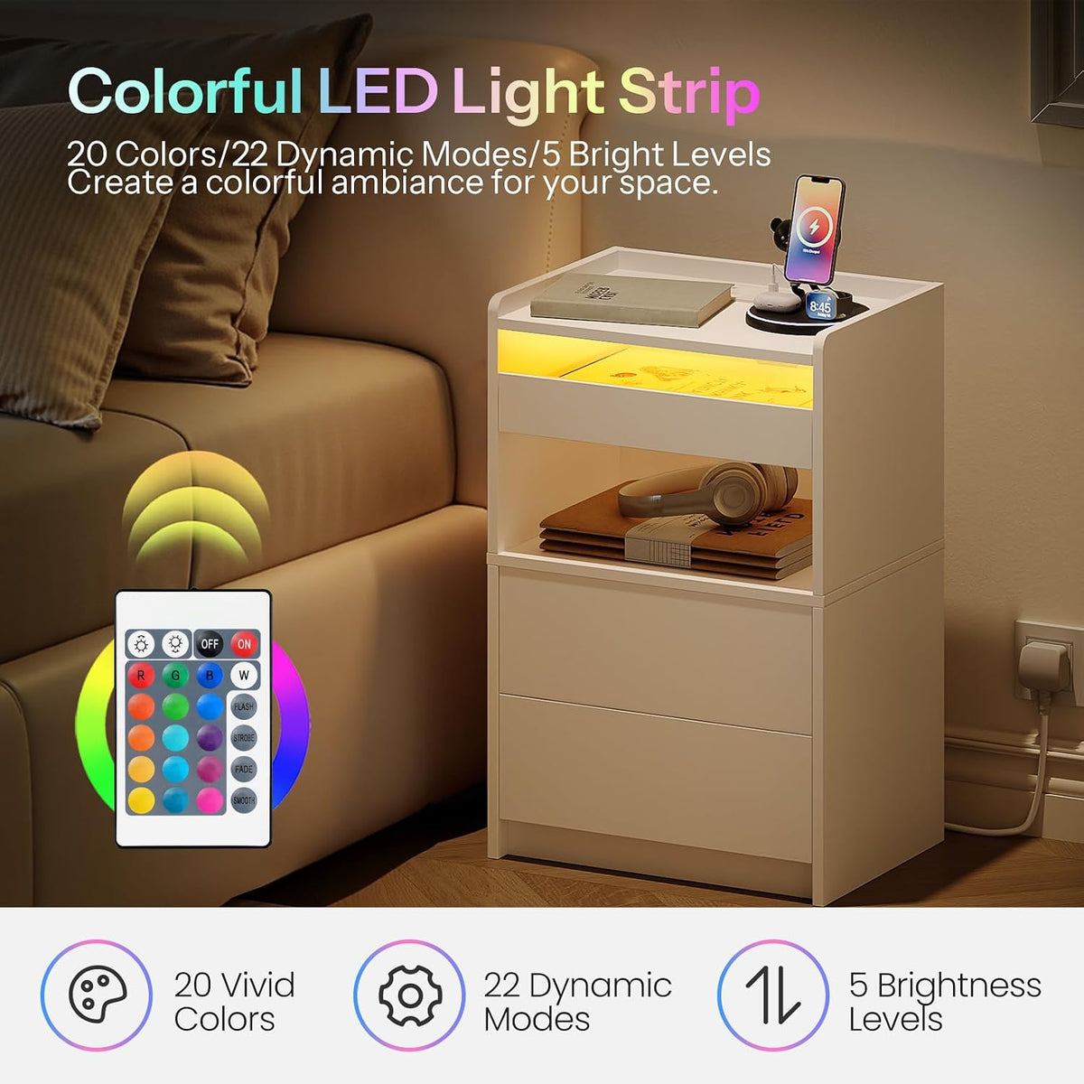 HOOBRO Bedside Table with Charging Station, End Table with 20-Color LED Lights, Nightstand with 1 AC Outlet, 2 USB Ports, 3 Drawers for Bedroom, Living Room, Study, Home Office, White EWT328KDBZ01G1