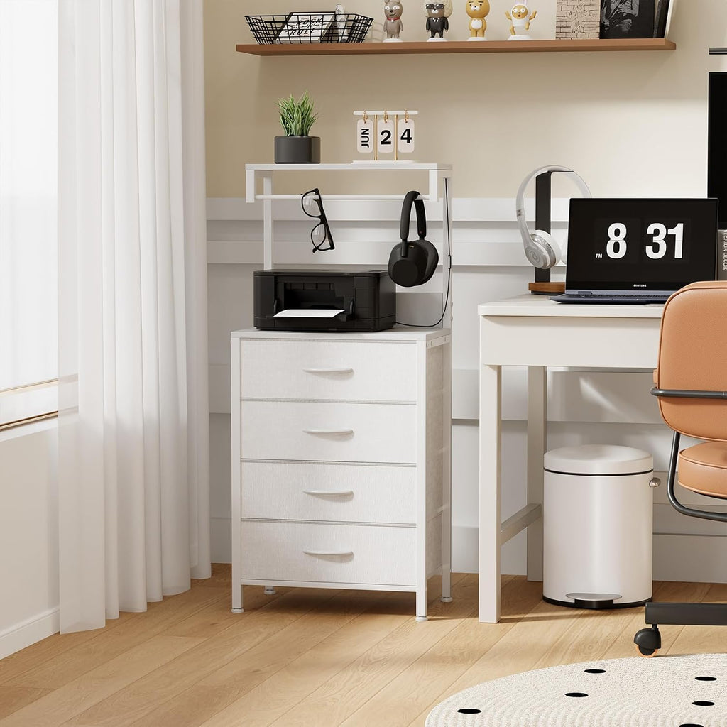 MUTUN Bedside Table with Charging Station, Bedside Cabinet with LED Light, Nightstand with Wood Shelf, 4 Fabric Drawers Side Table for Bedroom, White