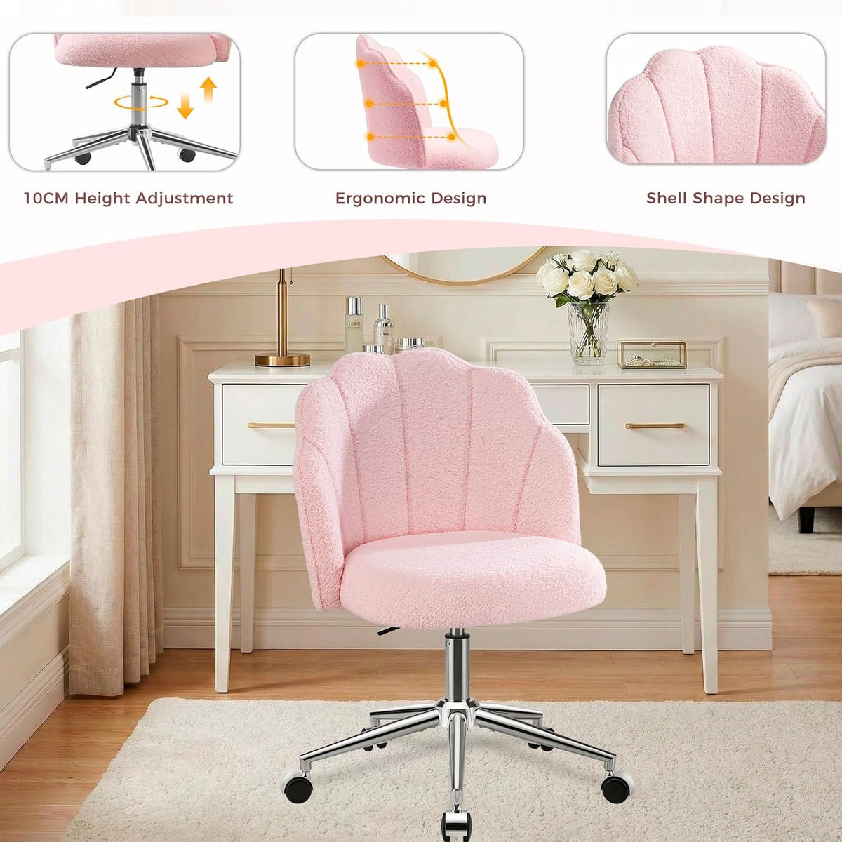 Vanity Chair for Dressing Table with Wheels, Boucle Chair for Bedroom, Swivel Armchair for Home, Height Adjustable&Easy Assembly, Pink