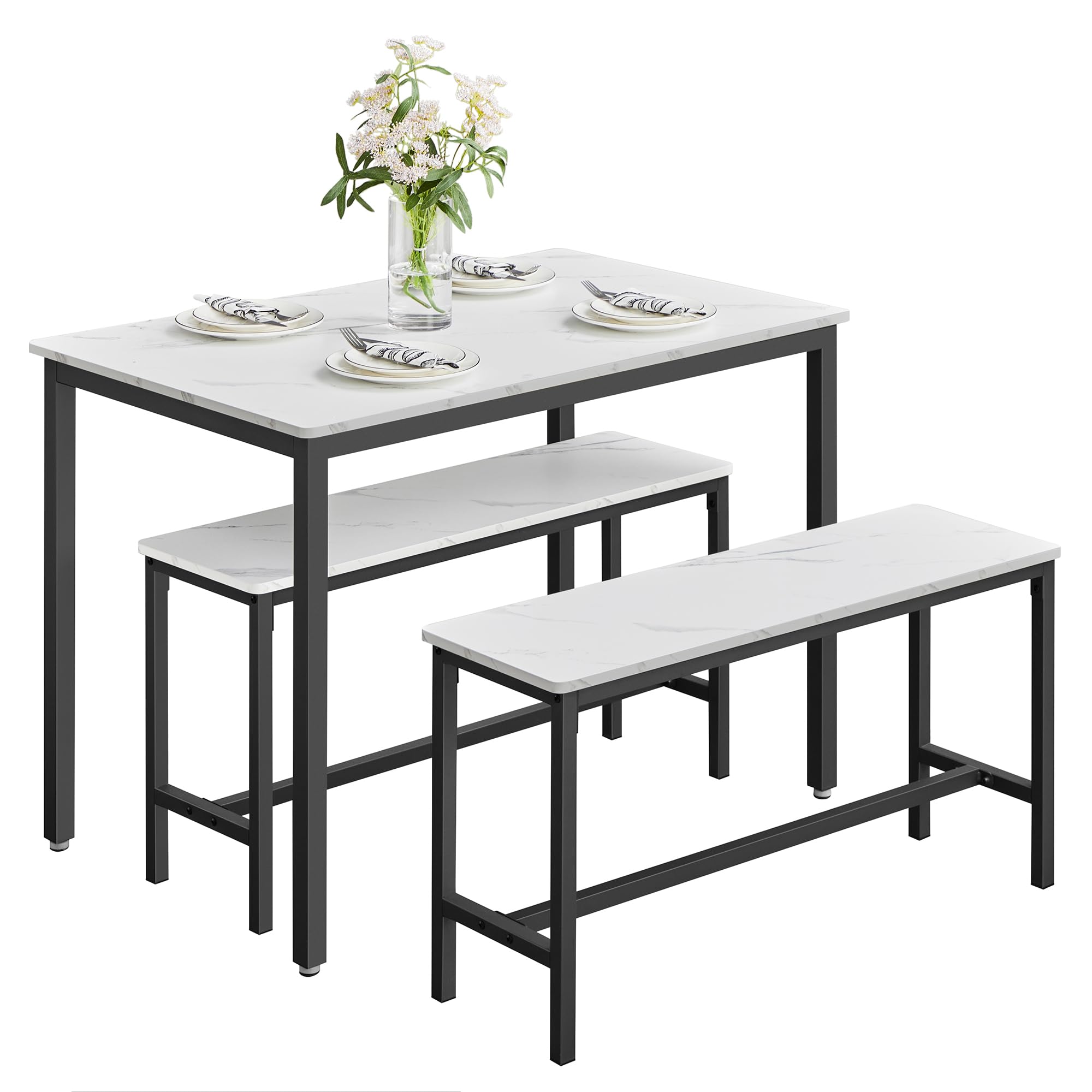 VASAGLE Dining Table with 2 Benches, 3 Piece Set, Kitchen Table of 70 x 110 x 75 cm, 2 Benches of 30 x 97 x 50 cm Each, Steel Frame, Industrial Design, Rustic Brown and Black KDT070B01