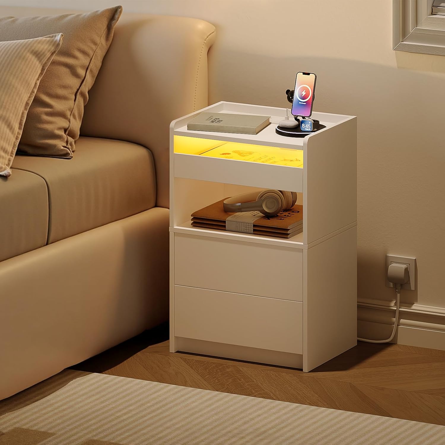 HOOBRO Bedside Table with Charging Station, End Table with 20-Color LED Lights, Nightstand with 1 AC Outlet, 2 USB Ports, 3 Drawers for Bedroom, Living Room, Study, Home Office, White EWT328KDBZ01G1
