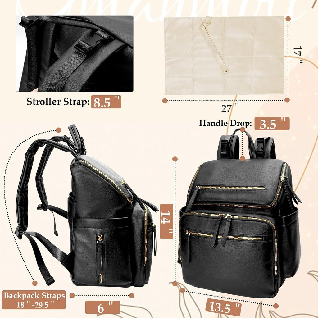 MISS FONG Baby Changing Bags, Changing Backpack Baby Bag Nappy Backpack Diaper Bag for Mom & Dad Leather Maternity Large Pregnancy Hospital Bag with 4Insulated Pockets Pram Clip& Changing Mat- Black