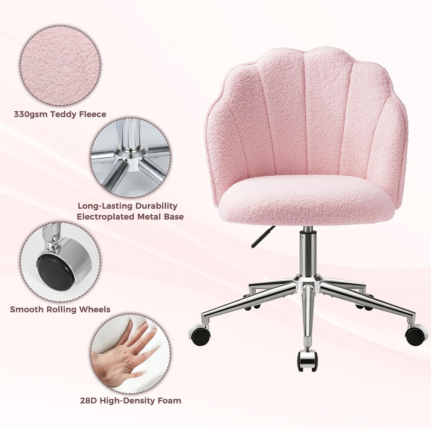 Vanity Chair for Dressing Table with Wheels, Boucle Chair for Bedroom, Swivel Armchair for Home, Height Adjustable&Easy Assembly, Pink