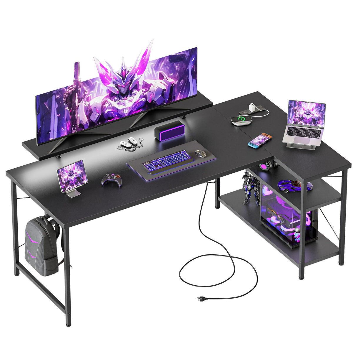 Mericonia Reversible Corner Desk, w. Power Outlets, 100x70cm, Black