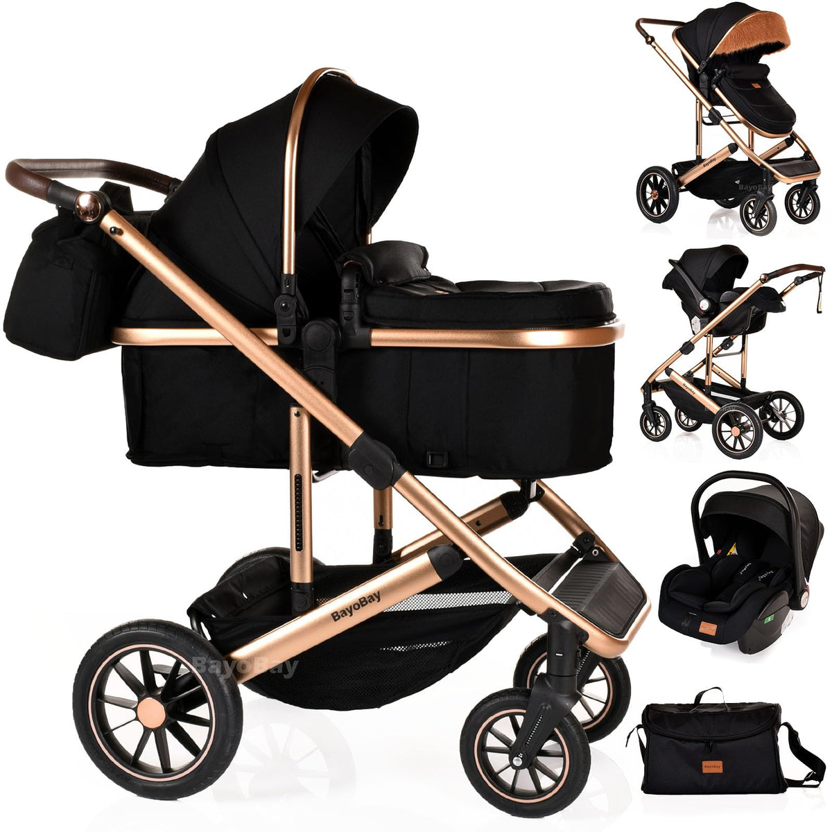 Baby Pram & Pushchair Travel System 3 in1 with Car Seat - Lightweight Folding Buggy Stroller for Newborns 0-36 Months (Black - Silver Frame)