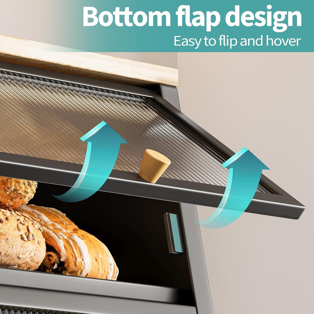 Urackify Two-Layer Large Bread Box, Bread Bins for Kitchen, Black Bread Bin with Stiped Window Door Pancel, Bread Storage with Wood Handle, kitchen Bin Storage with Removable Layer, Black