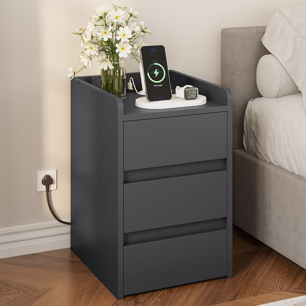 YITAHOME Bedside Table with 3 Drawers and Power Station Grey