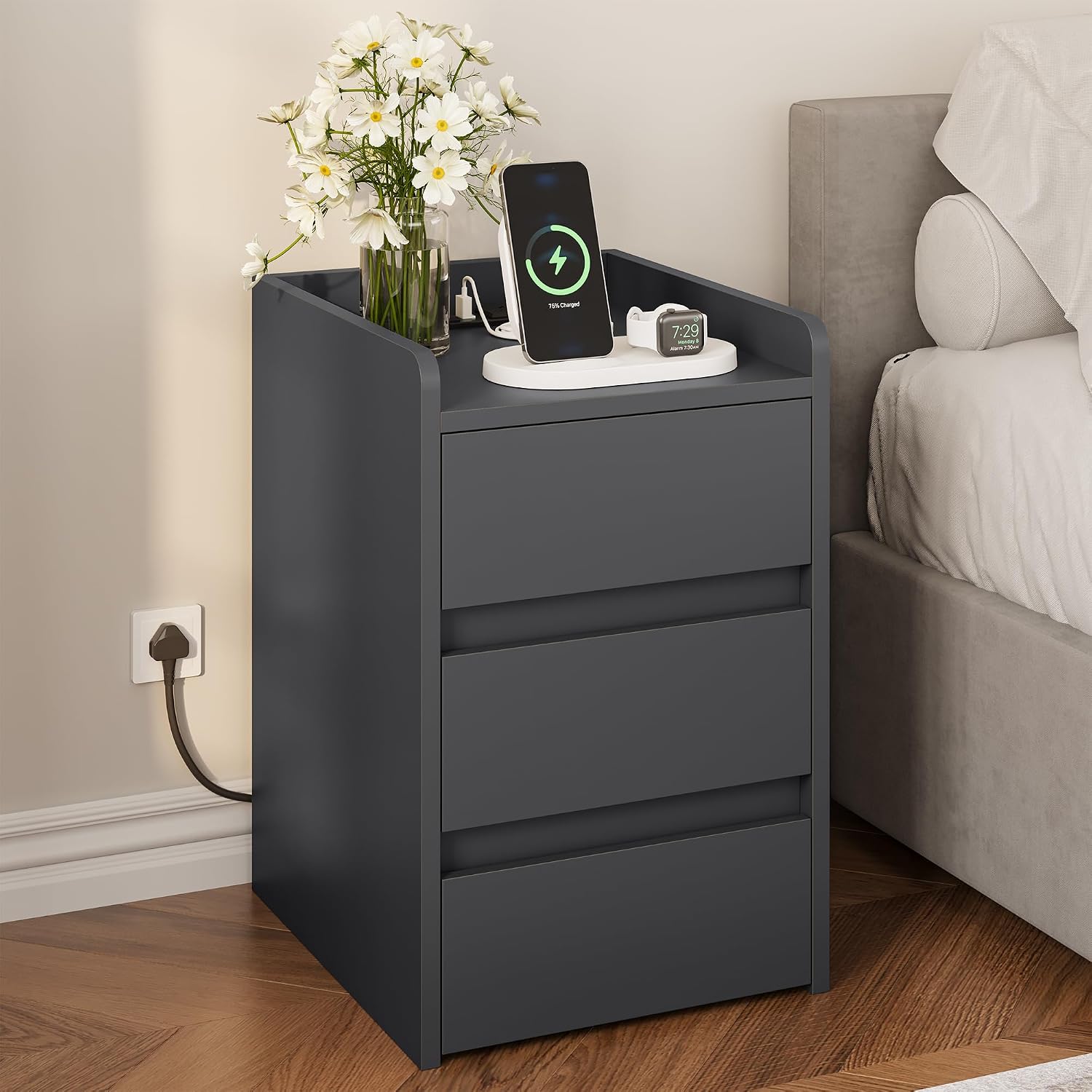YITAHOME Bedside Table with 3 Drawers and Power Station Grey
