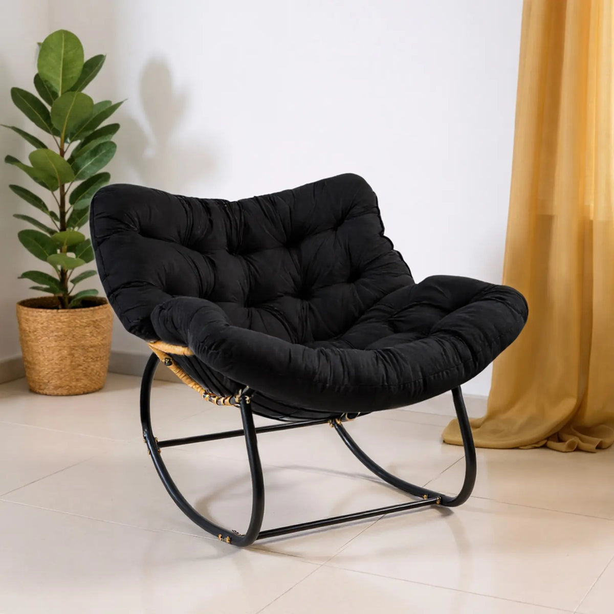 CROWNSHOP Chairs Oversized Rattan Egg Rocking Chair – Outdoor Wicker Chair with Metal Frame, Large Cushioned Seat for Garden & Patio