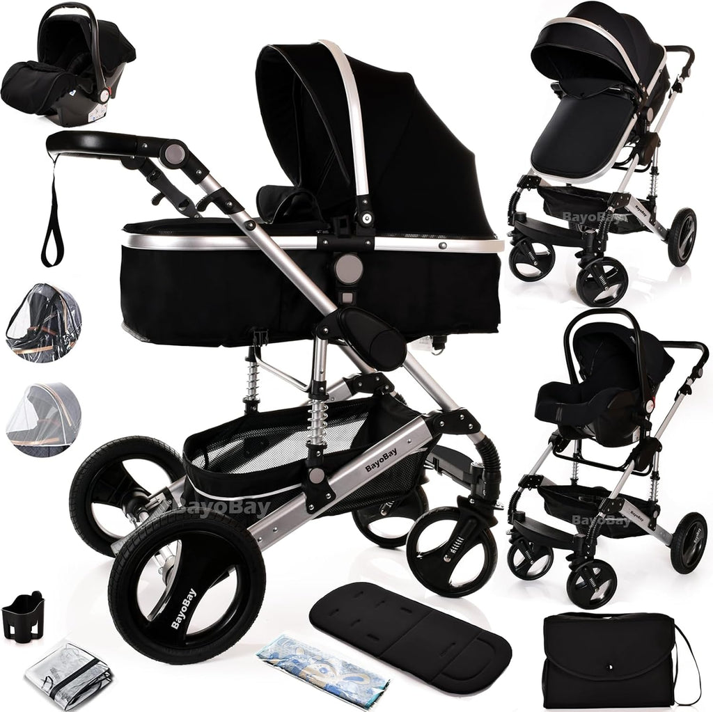 Baby Pram & Pushchair Travel System 3 in1 with Car Seat - Lightweight Folding Buggy Stroller for Newborns 0-36 Months (Black - Silver Frame)