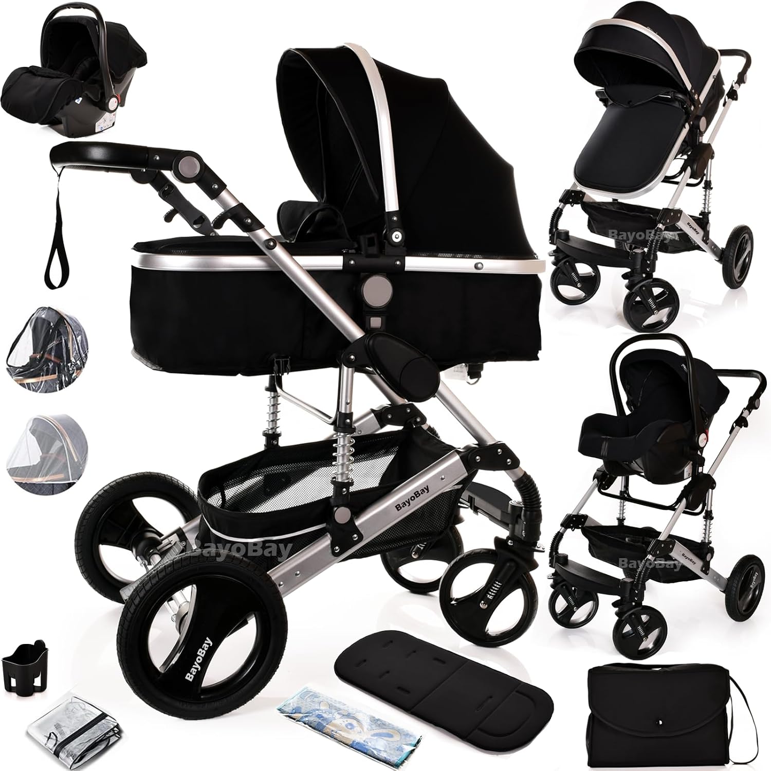 Baby Pram & Pushchair Travel System 3 in1 with Car Seat - Lightweight Folding Buggy Stroller for Newborns 0-36 Months (Black - Silver Frame)
