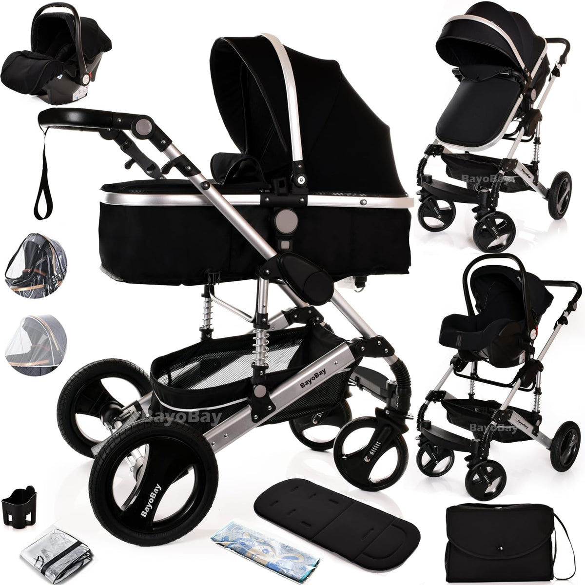 Baby Pram & Pushchair Travel System 3 in1 with Car Seat - Lightweight Folding Buggy Stroller for Newborns 0-36 Months (Black - Silver Frame)