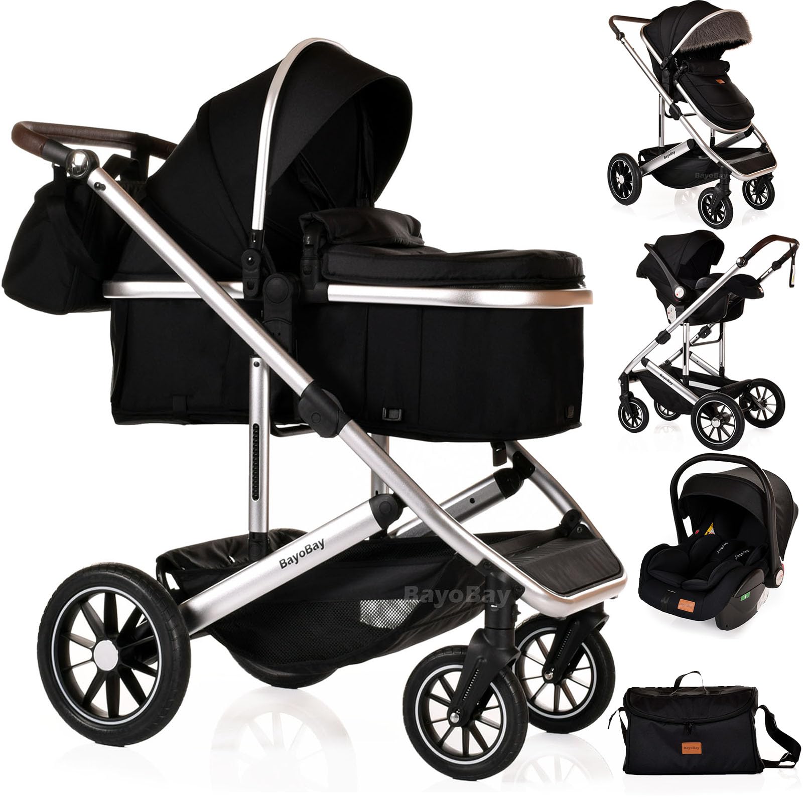 Baby Pram & Pushchair Travel System 3 in1 with Car Seat - Lightweight Folding Buggy Stroller for Newborns 0-36 Months (Black - Silver Frame)