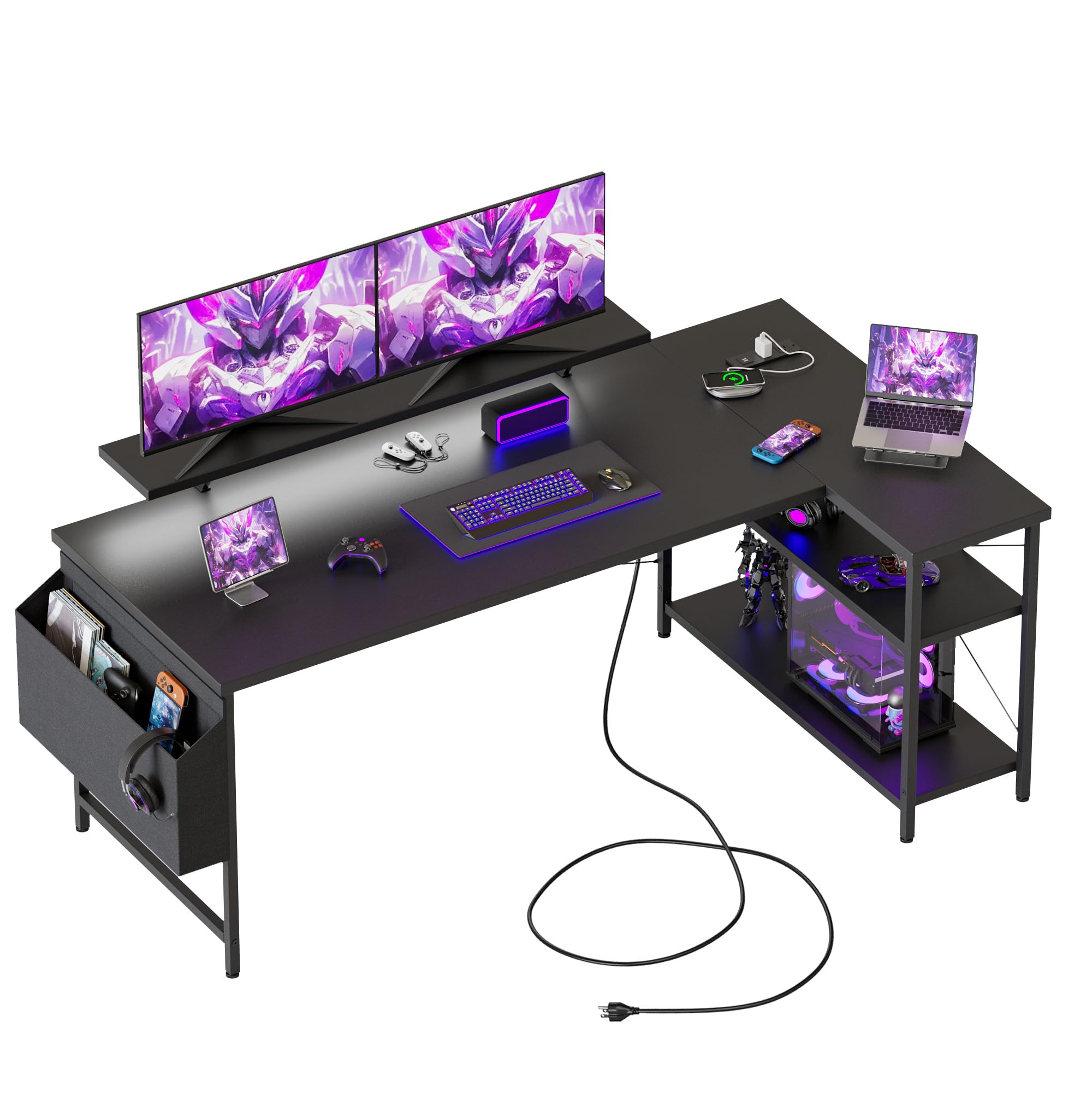 Mericonia Reversible Corner Desk, w. Power Outlets, 100x70cm, Black