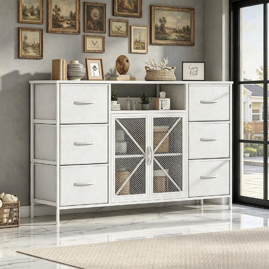 Fabric Storage Dresser with 6 Drawers, Sturdy Metal Frame Organizer Chest, Wooden Top & Mesh Cabinet Design, Versatile Home Furniture for Bedroom Living Room Hallway Entryway