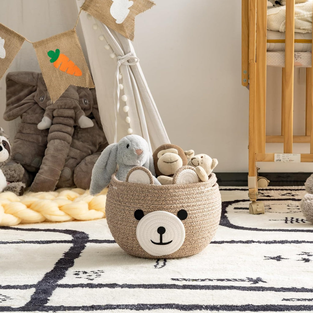 Storage Basket, Toy Storage, Baby Basket for Nursery, Bear Gift Baskets for Kids,Small Empty Baby Shower Baskets with Handles, 26.6 x 21.6 cm, Light Brown