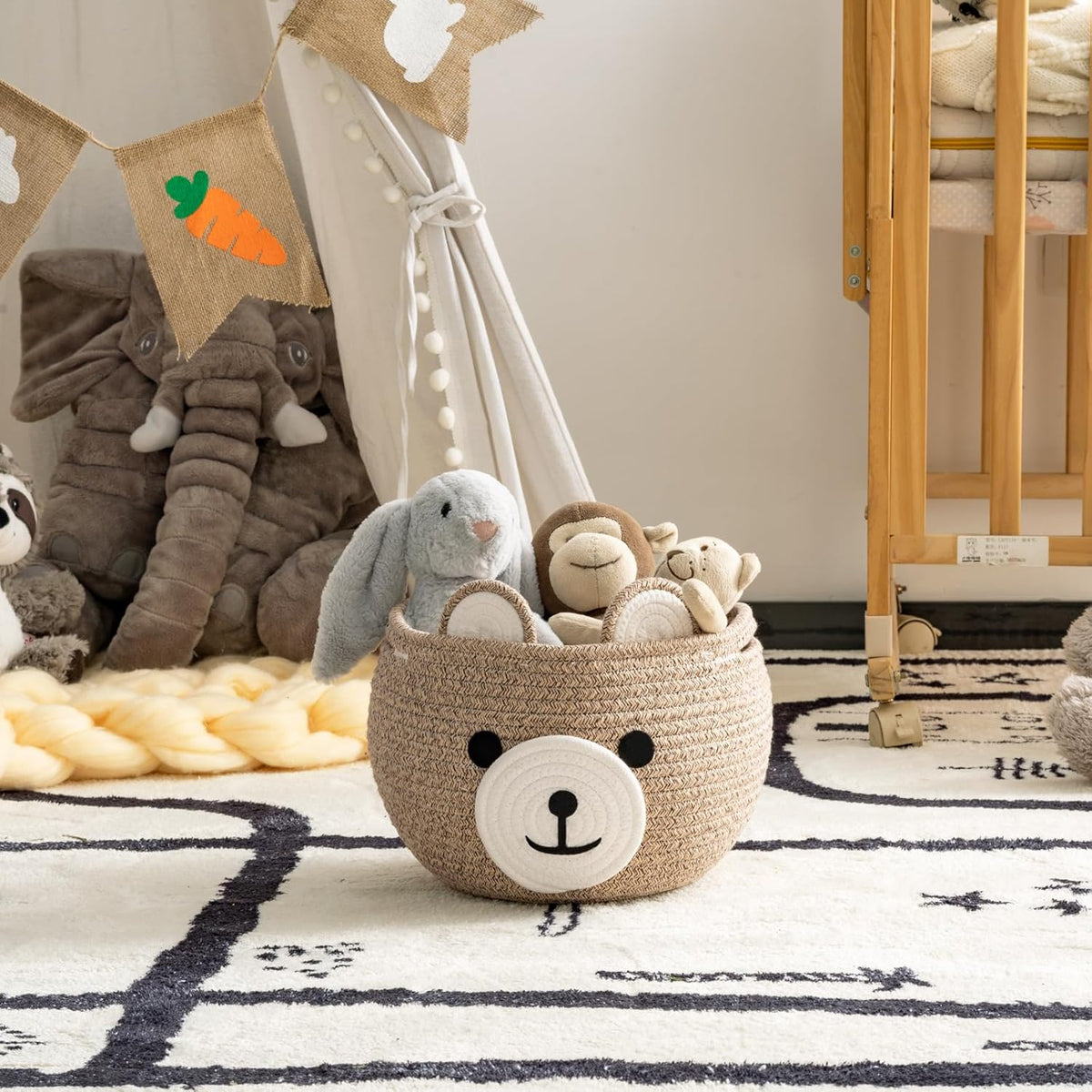 Storage Basket, Toy Storage, Baby Basket for Nursery, Bear Gift Baskets for Kids,Small Empty Baby Shower Baskets with Handles, 26.6 x 21.6 cm, Light Brown