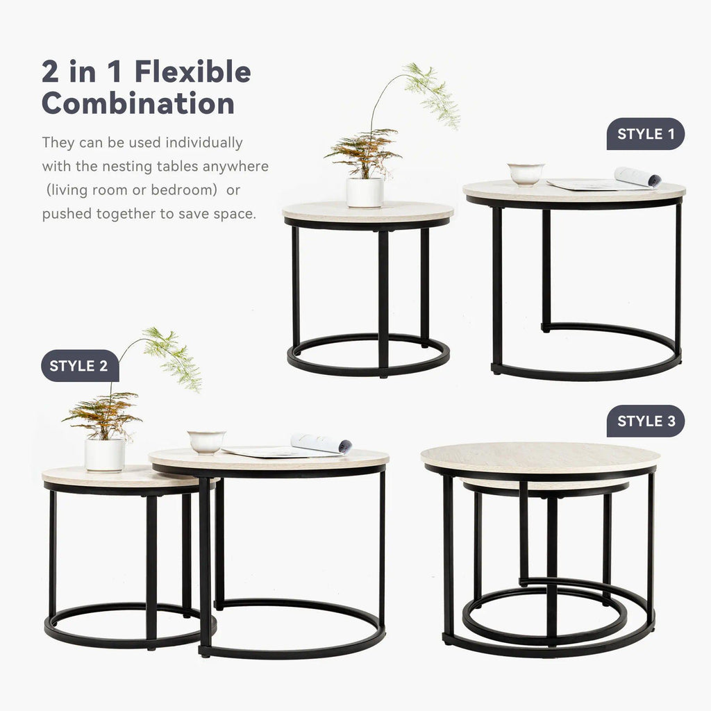 Set of 2 Round Nesting Coffee Tables Multi-Functional Side End Table with Sturdy Metal Frame Space Saving Accent Furniture for Living Room Bedroom Apartment Modern Industrial Minimalist Style