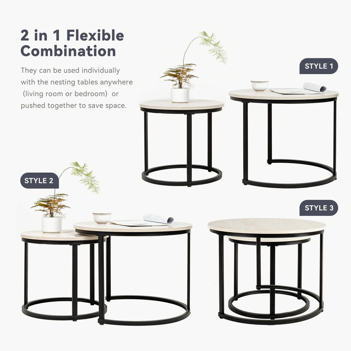 Set of 2 Round Nesting Coffee Tables Multi-Functional Side End Table with Sturdy Metal Frame Space Saving Accent Furniture for Living Room Bedroom Apartment Modern Industrial Minimalist Style