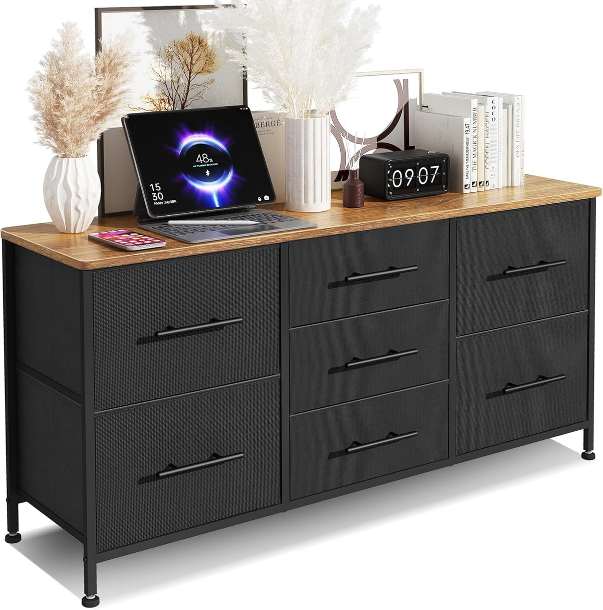 Chest of Drawers, Dresser for Bedroom with 7 Fabric Drawers, TV Stand on Castors, Storage Organizer for Living Room, Metal Frame and Wooden Top, White