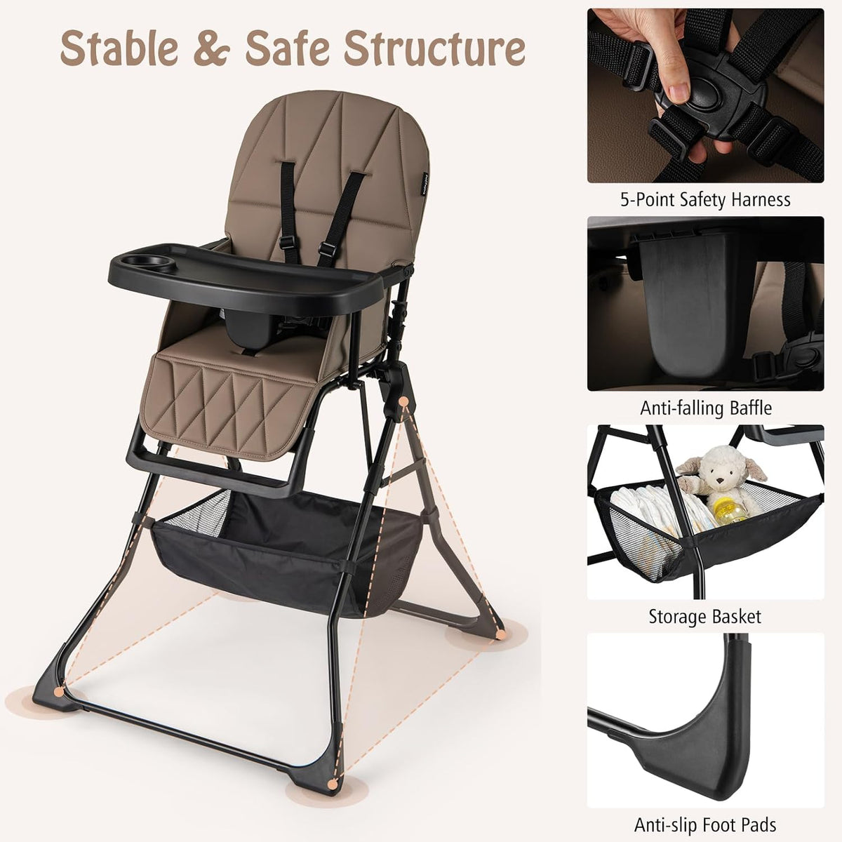 Maxmass Foldable High Chair, Compact High Chair with 3-Position Adjustable Dishwashable Tray, Removable Seat Cushion, 5-Point Safety Harness, Highchair for Baby Infant (Brown with Basket)