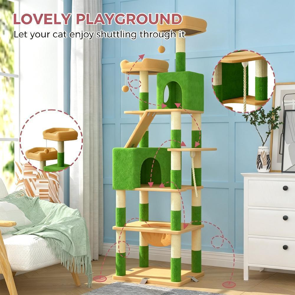 208cm Extra Large Cat Tree, Multi-level Scratching Post Climbing Tower with Hammock Basket, Activity Centre for Playful Cats [Plus A Free Gift]