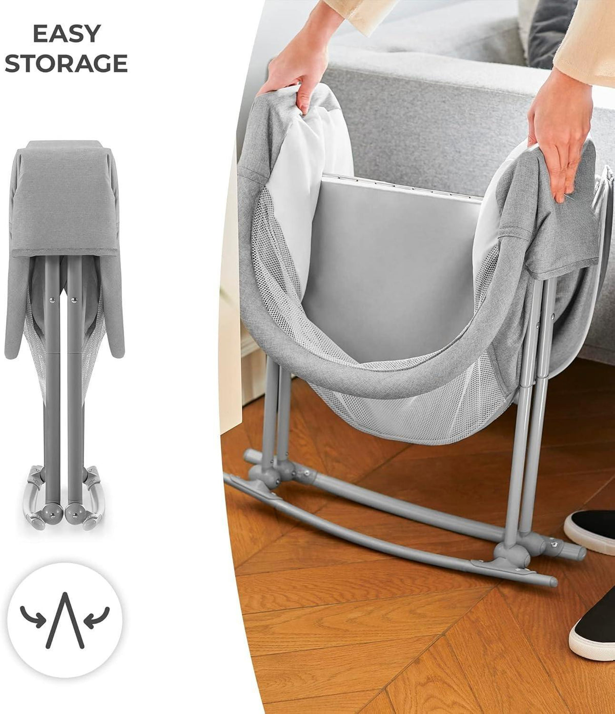 3-in-1 Foldable Baby Crib with Adjustable Canopy, Mattress Cover, Toys & Carry Bag - for Newborns 0-9kg, Gray - Compact & Portable Design