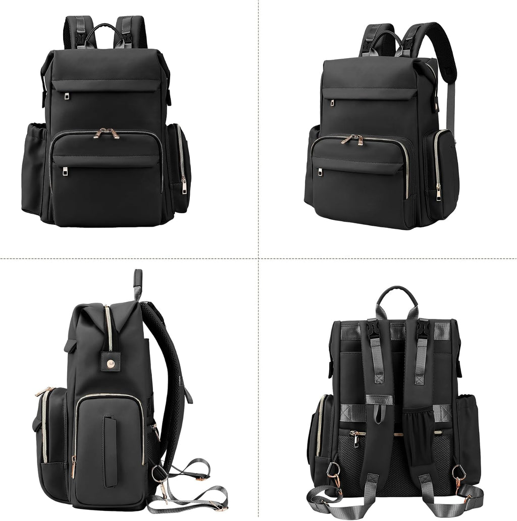 I IHAYNER Diaper Bag Backpack Leather Backpack for Women Travel Dad Mother Outdoor Backpack with Changing Pad Stroller Straps (Black)