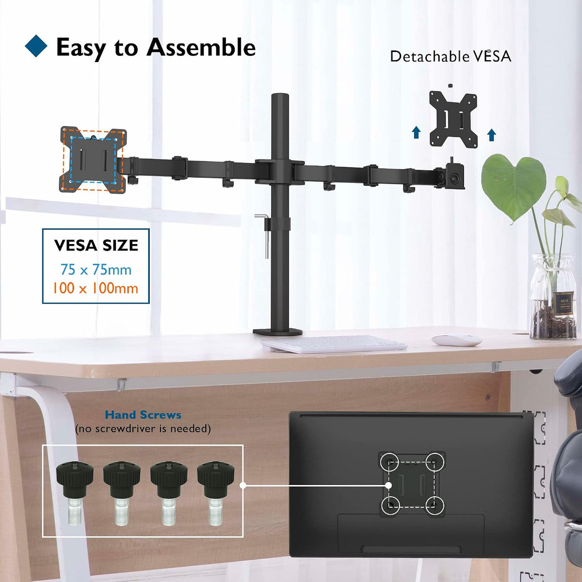 VEN-BONTEC Dual Monitor Arm Desk Mount for 13–27 Inch Computer Screens, VESA 75x75/100x100, Full Motion Adjustable Monitor Arm with 360° Rotation, Height Adjustable up to 430mm, Max 10kg per Arm, Black