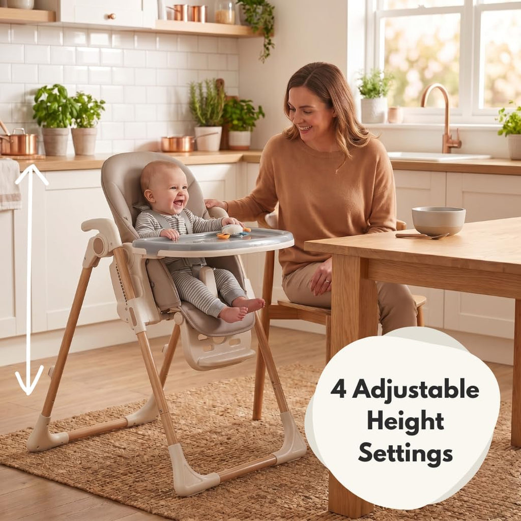 Venture Flare High Chair – Adjustable Highchair with Reclining Seat, Foldable Baby High Chair with Removable Tray & Dishwasher-Safe Liner, Compact Space-Saving Design, 6 Months to 3 Years - Beige