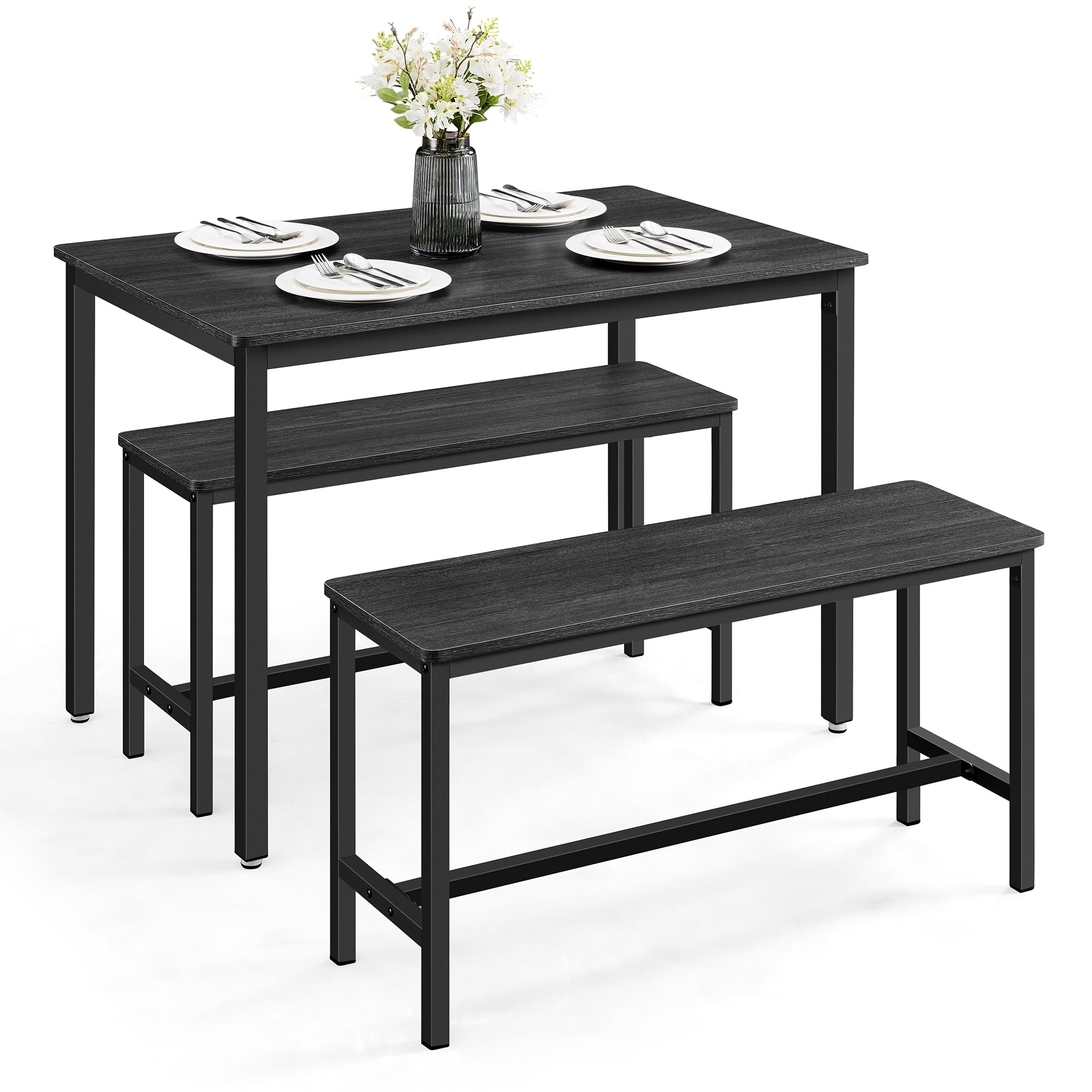 VASAGLE Dining Table with 2 Benches, 3 Piece Set, Kitchen Table of 70 x 110 x 75 cm, 2 Benches of 30 x 97 x 50 cm Each, Steel Frame, Industrial Design, Rustic Brown and Black KDT070B01