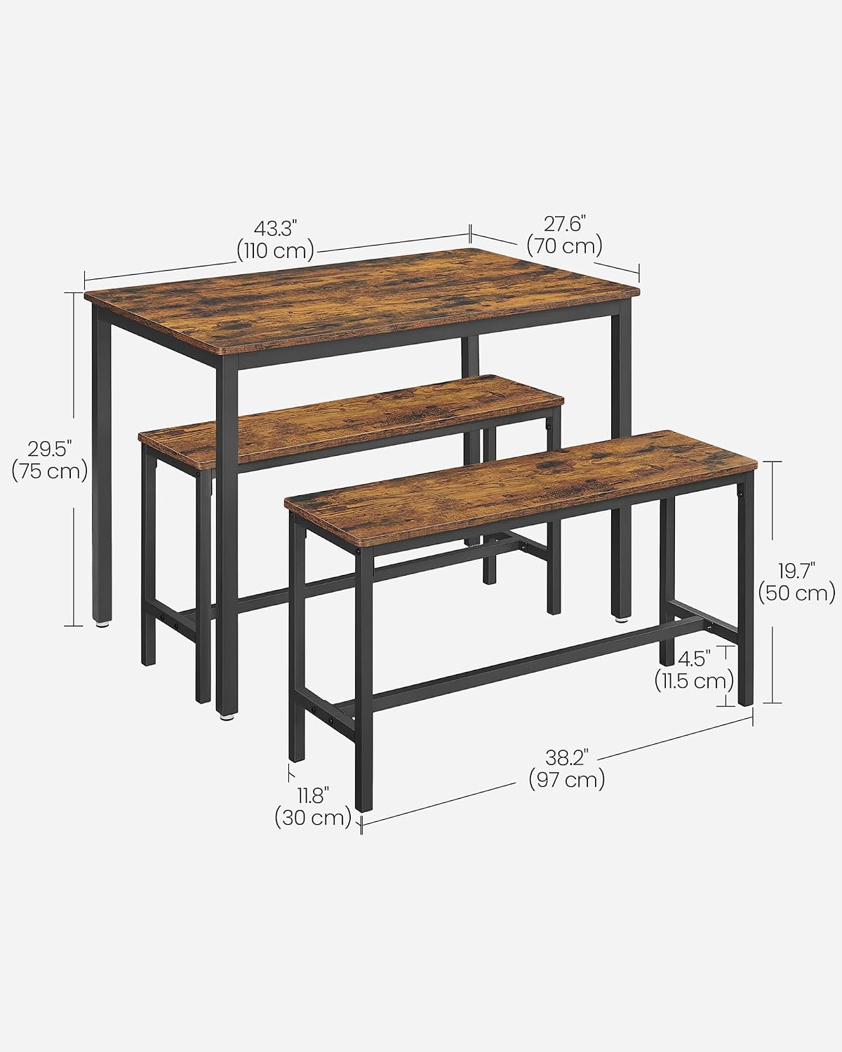 VASAGLE Dining Table with 2 Benches, 3 Piece Set, Kitchen Table of 70 x 110 x 75 cm, 2 Benches of 30 x 97 x 50 cm Each, Steel Frame, Industrial Design, Rustic Brown and Black KDT070B01