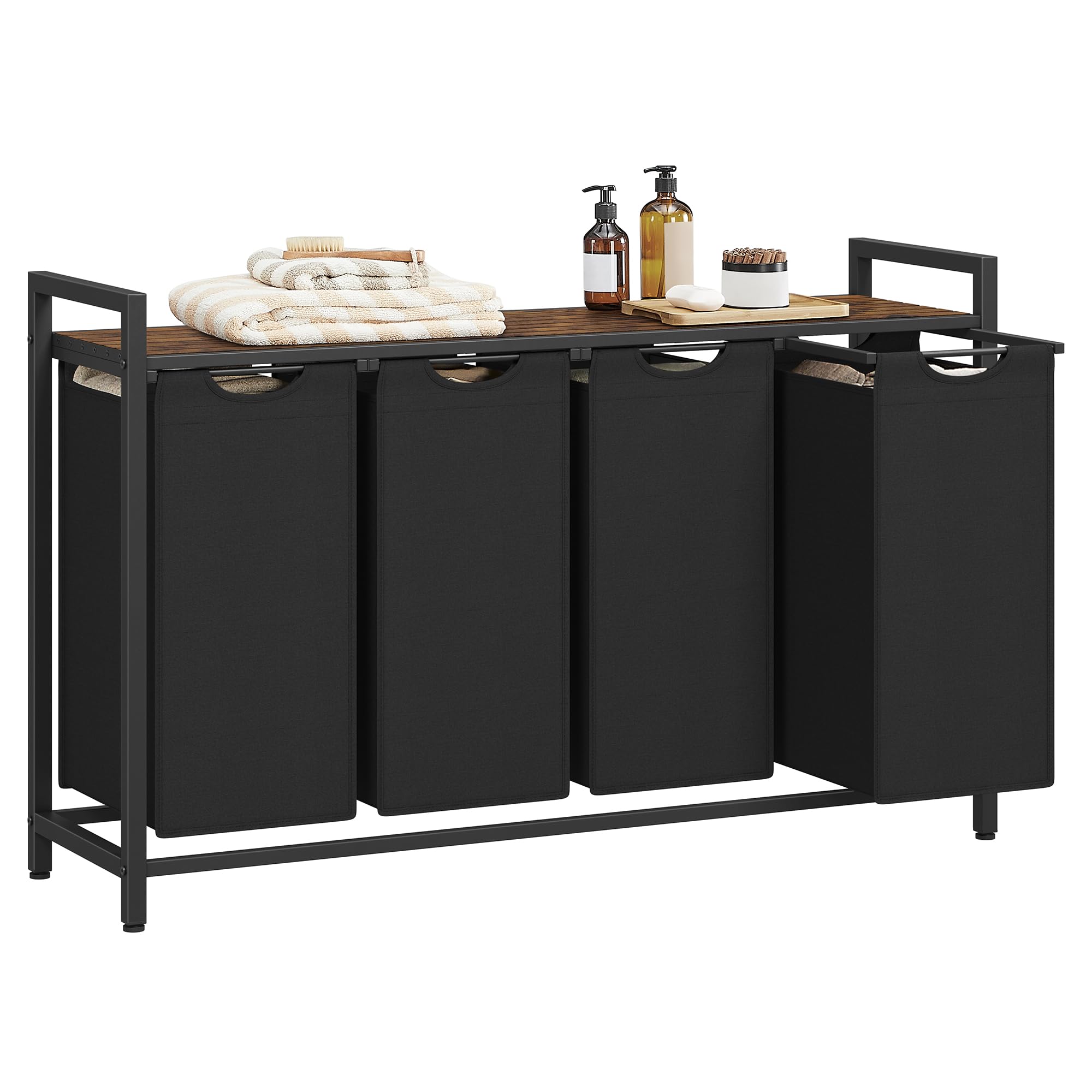 VASAGLE Laundry Basket, 3-Compartment Laundry Hamper, Pull-Out and Removable Liner Bags, Clothes Sorter, Shelf, Metal Frame, 3 x 40 L, 92.5 x 33 x 72 cm, Ink Black and Rustic Brown BLH301B01