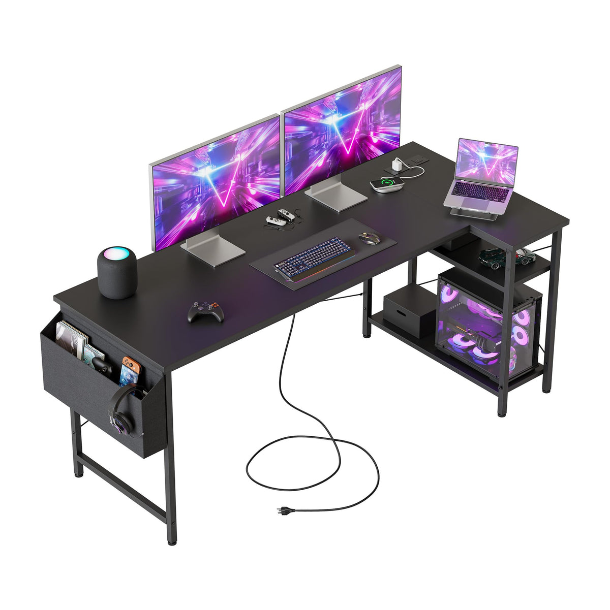 Mericonia Reversible Corner Desk, w. Power Outlets, 100x70cm, Black