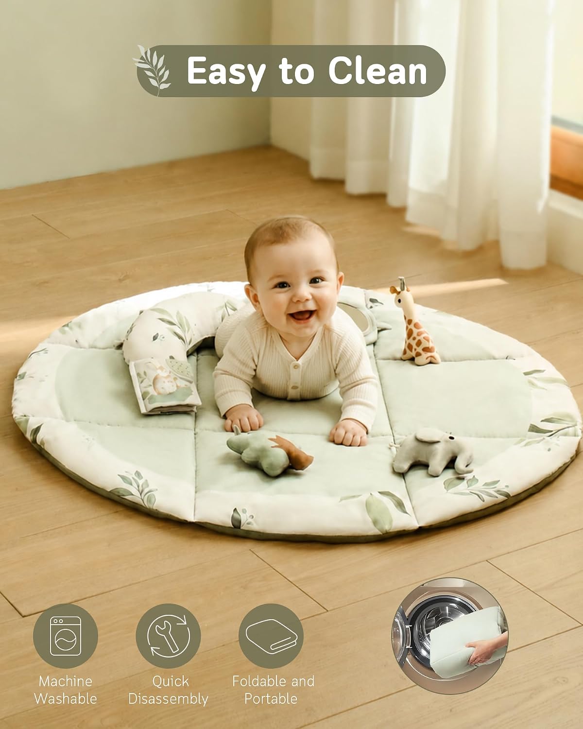 Fortella Baby Play Gym, Activity Playmat for Floor, 5 Detachable Toys, Sage