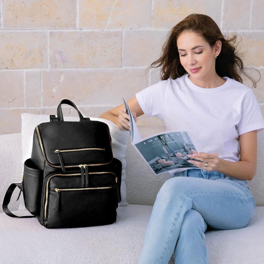 MISS FONG Baby Changing Bags, Changing Backpack Baby Bag Nappy Backpack Diaper Bag for Mom & Dad Leather Maternity Large Pregnancy Hospital Bag with 4Insulated Pockets Pram Clip& Changing Mat- Black