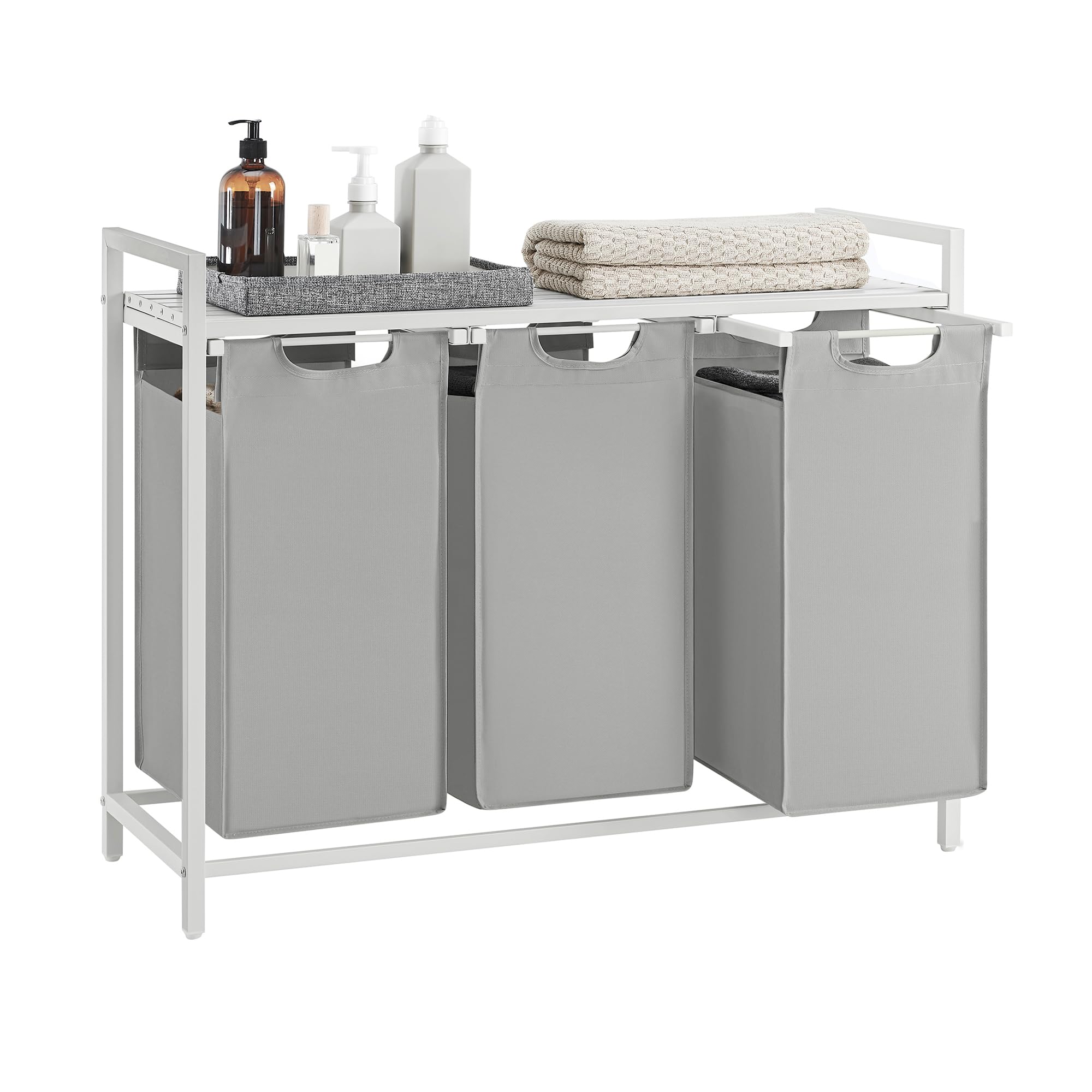 VASAGLE Laundry Basket, 3-Compartment Laundry Hamper, Pull-Out and Removable Liner Bags, Clothes Sorter, Shelf, Metal Frame, 3 x 40 L, 92.5 x 33 x 72 cm, Ink Black and Rustic Brown BLH301B01