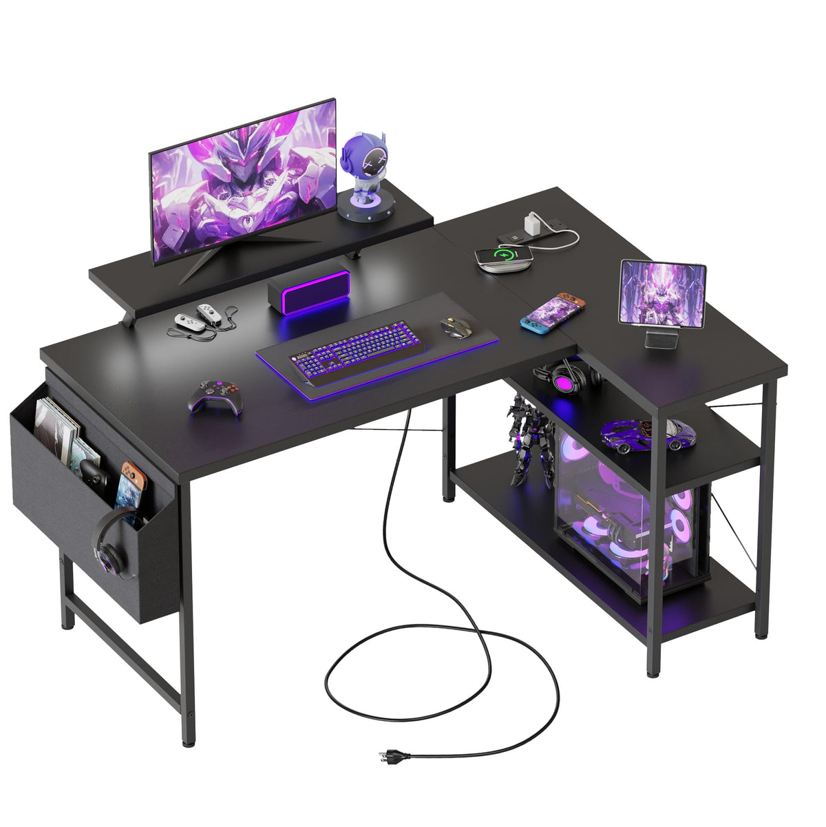Mericonia Reversible Corner Desk, w. Power Outlets, 100x70cm, Black