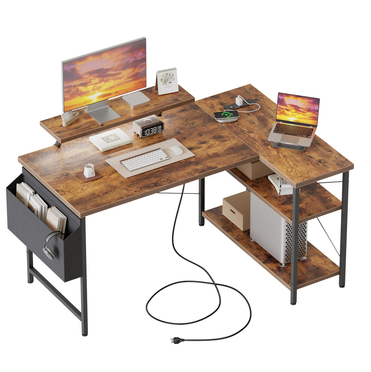 Mericonia Reversible Corner Desk, w. Power Outlets, 100x70cm, Black