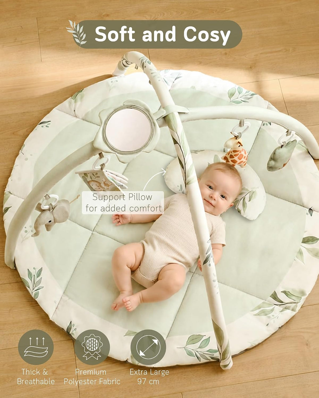 Fortella Baby Play Gym, Activity Playmat for Floor, 5 Detachable Toys, Sage