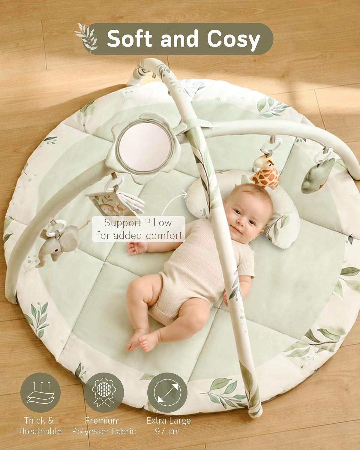 Fortella Baby Play Gym, Activity Playmat for Floor, 5 Detachable Toys, Sage