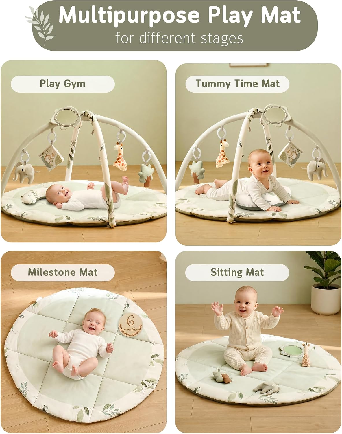 Fortella Baby Play Gym, Activity Playmat for Floor, 5 Detachable Toys, Sage