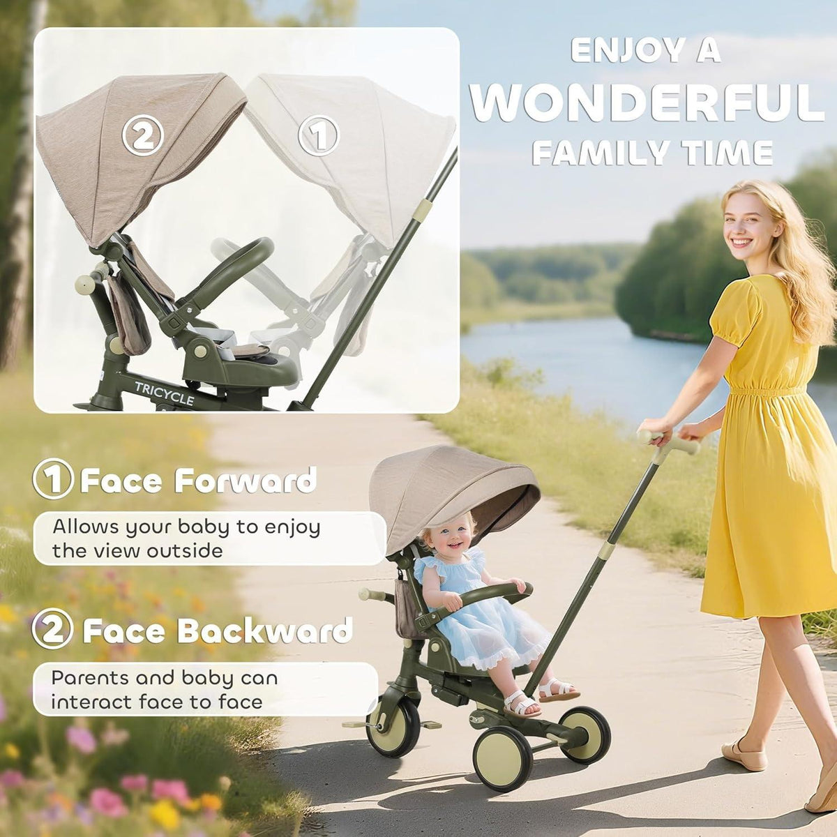 5‑in‑1 Grow‑With‑Kid Foldable Toddler Tricycle Stroller, Convertible Kids Ride‑On Trike with 5‑Point Safety Harness, Adjustable Push Handle & UV Protection Canopy, Compact Outdoor Toy for Family Outings, Ages 1‑3 Years Old